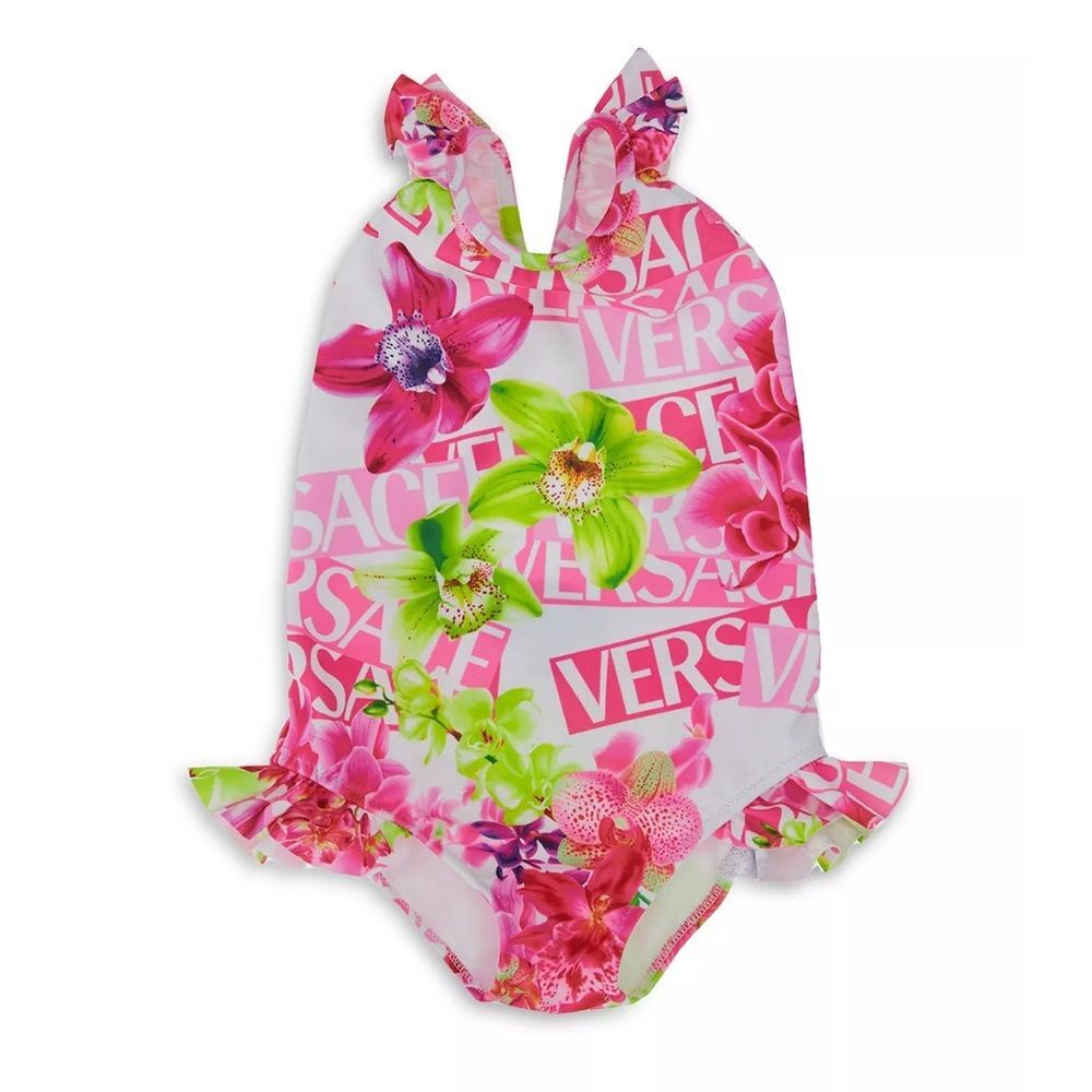 Versace Girls' Orchid & Logo Print Swimsuit, NWT, Size 36 Months - Picture 6 of 6